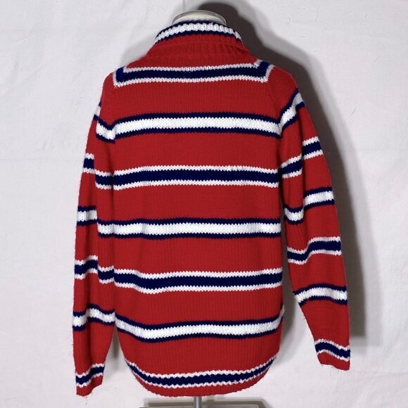 Handmade Knit Red White Blue Striped Turtleneck Sweater M - Picture 4 of 10